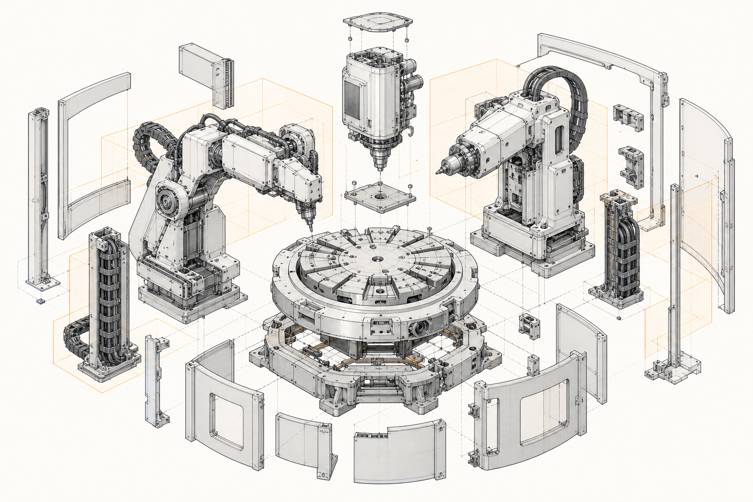 Exploded technical drawing of a modular robotic machining system