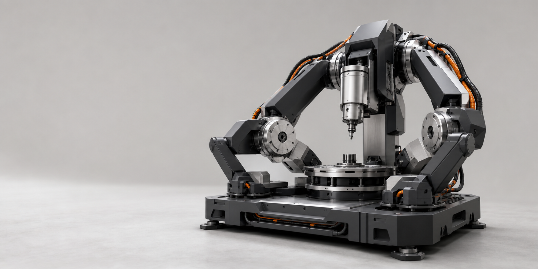 Original rendering of a precision robotic machining system with orange cable routing